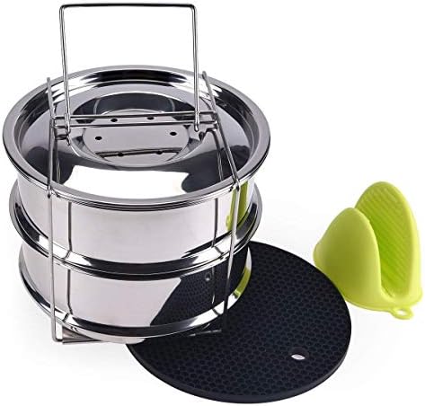 Stackable Steamer Insert Pans for Instant Pot Accessories, Stainless Steel Steamer Pans with Handle & Two Interchangeable Lids for 5/6/8 QT Electric Pressure Cooker