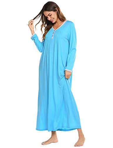 Ekouaer Womens Cotton Knit Long Sleeve Nightgown for Women, Henley Full Length Sleep Dress,Blue,X-Large