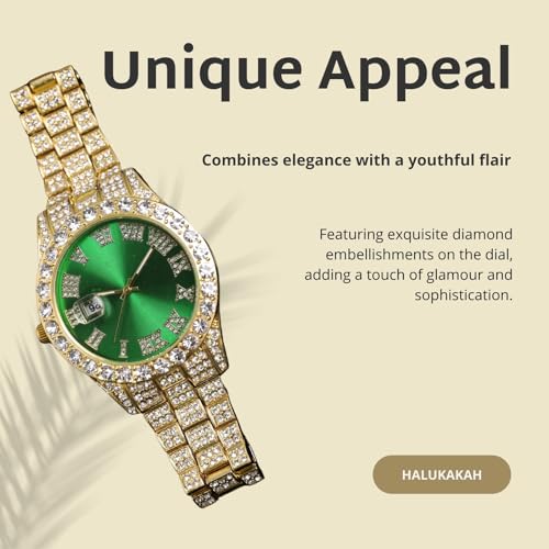 Image of Halukakah Diamonds Gold Watch Iced Out for Boy Teens Kids - 18K Real Gold /Platinum Plated,42mm Blue /Green /Red Dial,Japanese Quartz - 8 inch Length - Optional with Cuban Link Chain,with Watch Adjuster Tool