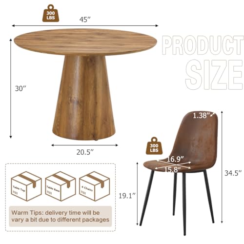 Image of Round Dining Table Set for 4, Farmhouse Kitchen Table Small 45 Inch Dinner Table Wood Round Coffee Table for Living Room (Wood Table+Style 1 Brown Chairs, 45'' Table+4 Chairs)