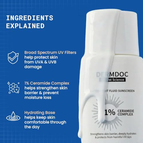 DERMDOC SPF 50 1% Ceramide Complex Water Light Fluid Sunscreen (50 gm) | PA++++ | Sunblock | Lightweight | Non-Sticky I No White Cast |... - Image 2