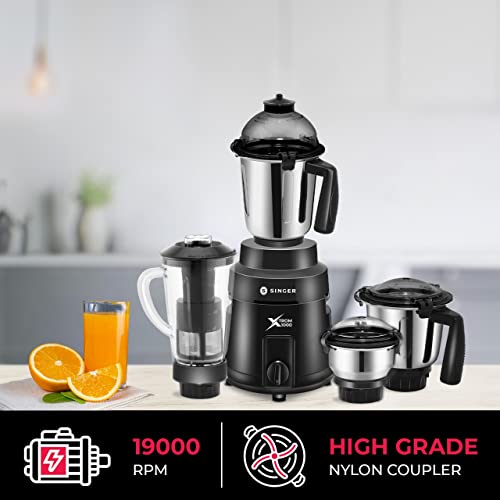 Image of Singer Xtrom Mixer Grinder 1000 Watts 4 Jar includes 3 Stainless Steel Jar, 1 Transparent Jar with Fruit Filter - Black