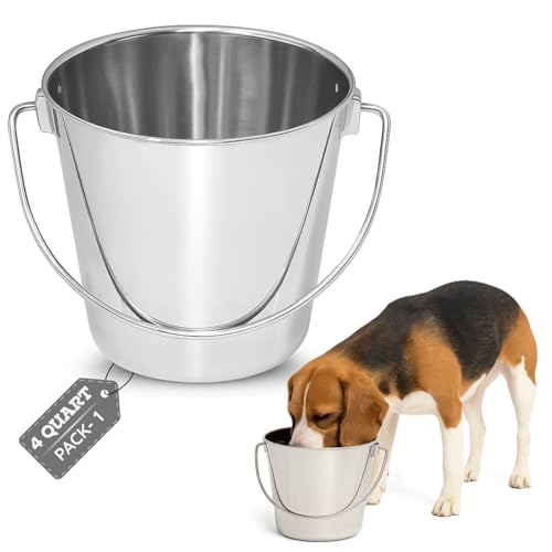AASPIRE PETS 4 quart Heavy Duty Stainless Steel Round Bucket with Handle | 1 gal Durable Food & Water Bowl for Birds Dogs Cats Goat & Livestock | Fits kennel Crate Cage Farm | Hanging Utility Pet Pail