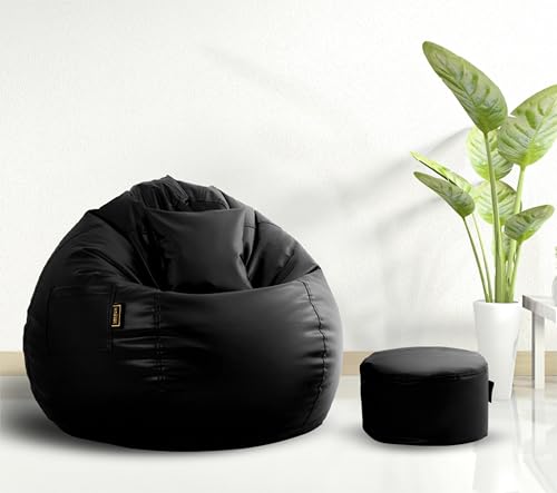 Image of Seventh Heaven 4XL Bean Bag Cover with Footrest and Cushion (Without Beans) | Premium Scratch Resistant Leatherette | (Leatherette Fabric - Black)
