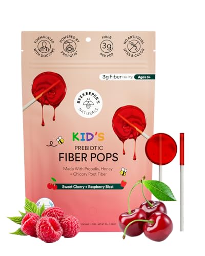 Kids Prebiotic Fiber Lollipops by Beekeeper's Naturals - Doctor Formulated Fiber Supplement, Supports Digestive Regularity, 3g of Fiber & Honey, Raspberry Blast & Sweet Cherry Variety Pack, 15 ct
