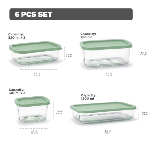 Image of Treo By Milton Nutri Borosilicate Glass Containers for Fridge Storage Set of 6 (2 x 310ml, 2 x 520ml, 1 x 750ml, 1 x 1200ml) I Stackable Glass Container with Lid, Microwave & Dishwasher Safe, Green