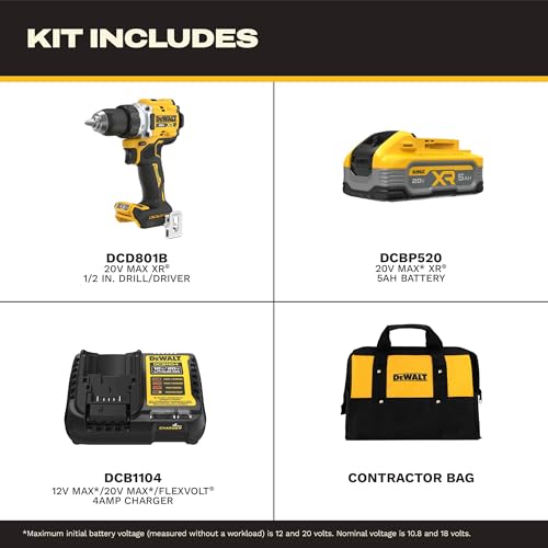 Image of DEWALT Drill Set 20V MAX XR, 1 /2 in. Brushless Cordless Drill Driver Kit With 5AH POWERSTACK Battery and Charger, LED Light, Dual Speed (DCD801H1)
