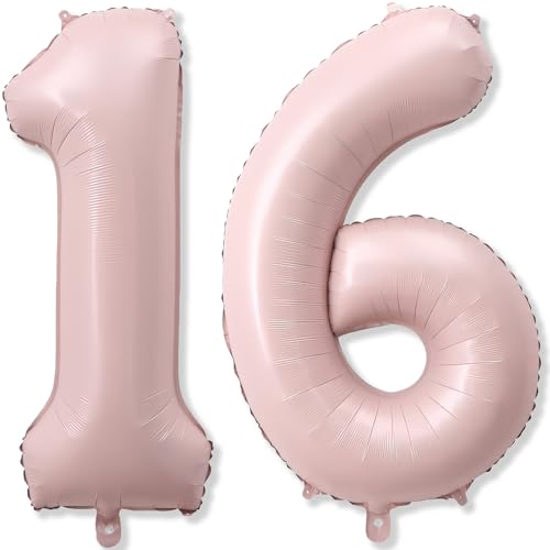 Light Pink Sweet 16th Birthday Balloon for Girls 40 Inch Self Inflating Mylar Number 16 Balloons Big Blush Pastel Pink Foil 1 & 6 Helium Balloon 16 for Women Coquette 16th Birthday Party Decorations