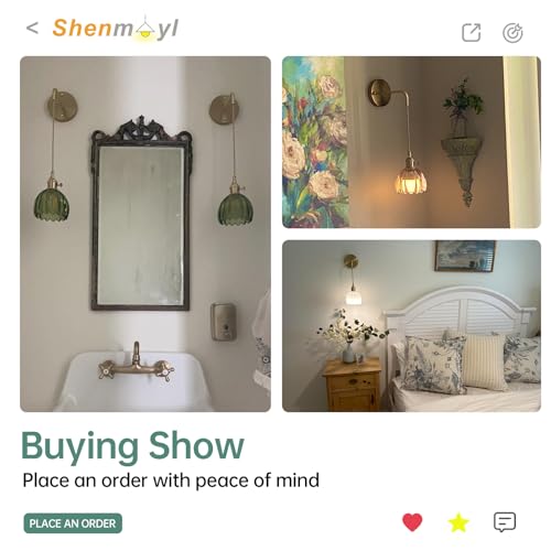 Image of Shenmoyl Vintage Wall Sconce Wall Lamp Green Tulip Shade Pattern Glass Adjustable Chain Retro Gold Wall Mounted Light, Wall Lamp Fixtures Decor for Bedside Bedroom Indoor Doorway