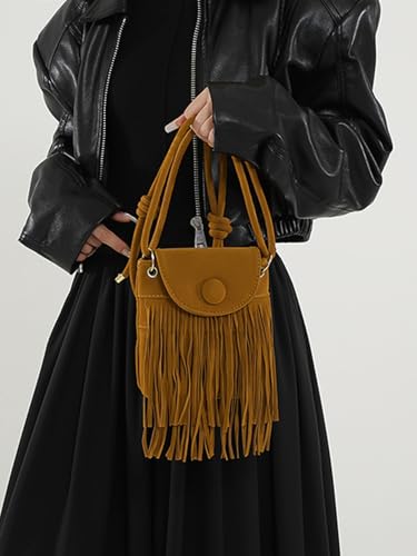 Women's Fringe Suede Crossbody Bag Woven Tassel Boho Clutch Purses Handbag Bucket Bags3