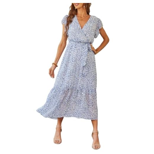 PRETTYGARDEN Women's 2023 Floral Summer Dress Wrap V Neck Short Sleeve Belted Ruffle Hem A-Line Bohemian Maxi Dresses (Light Blue,XX-Large)
