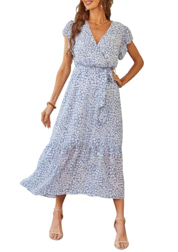 PRETTYGARDEN Women's Summer Floral Boho Dress Wrap V Neck Short Sleeve Ruffle A-Line Flowy Maxi Wedding Guest Dresses (Light Blue,Large)