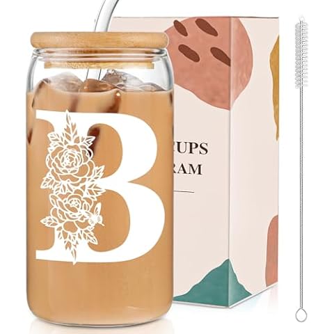 DWTS DANWEITESI Initial Glass Cup,Holiday Monogrammed Gifts for Women,Cute Cup Beer Tumbler for Personalized Christmas,Bridesmaid Gifts,Birthday Gifts Valentines Day for Her,Friend Gifts-B(1pcs) Cover