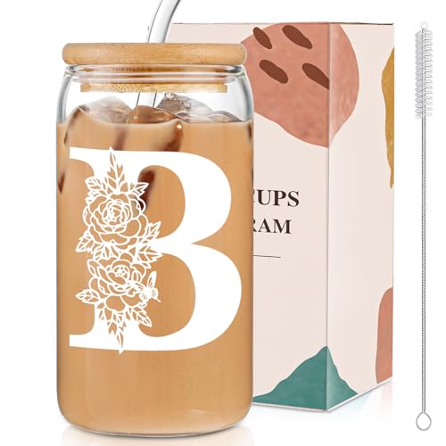 DWTS DANWEITESI Birthday Gifts for Women: Initial Glass Cup as Office Graduation Memorial Holiday Personalized Gifts - for Husband Aunt Uncle Teen Boy Employee Coworkers Him and Her - B Aesthetic Cup