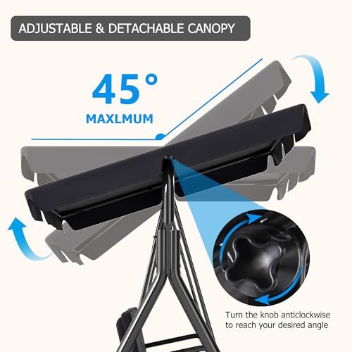 Image of 3-Seat Patio Swing Chair,Outdoor Porch Swing with Adjustable Canopy and Durable Steel Frame for Patio, Garden, Poolside (Black)