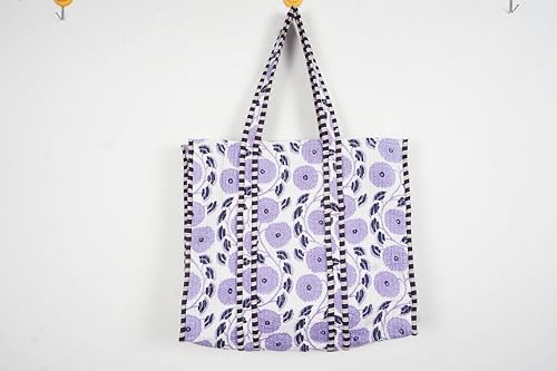 Image of Quilted Cotton Handprinted Reversible Large multicolor Floral Tote Bag,Hand Block Print Shopping Shoulder Carry Bag