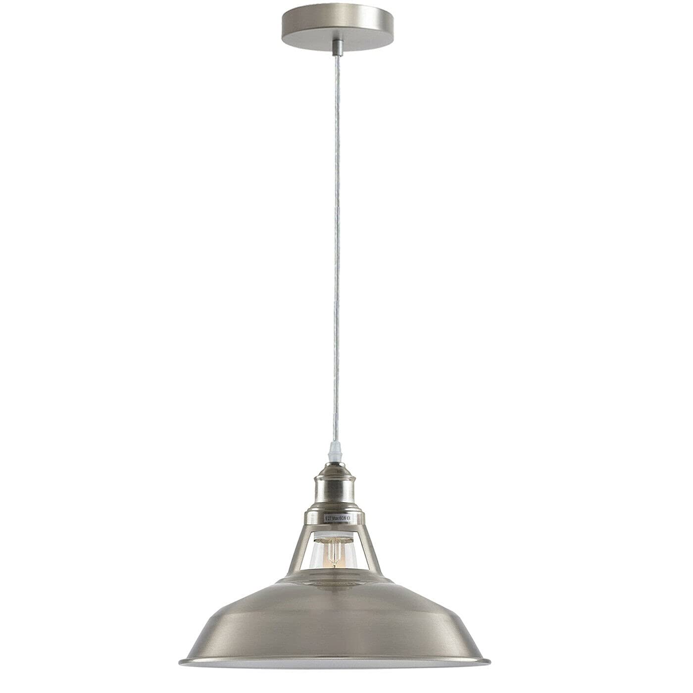 DC Voltage Single Indoor Nickel Ceiling Pendant Light 30cm Fitting Industrial Loft Suspension E27 Lighting for Bedroom, Hall, Dining Room, Lounge