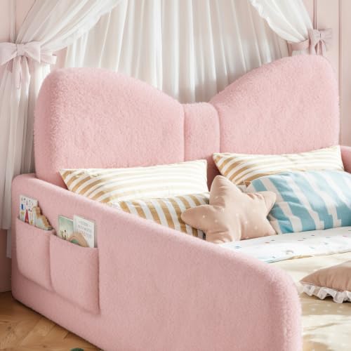 Image of Full Size Kids Bed with Bow-Shaped Headboard, Upholstered Teddy Fabric Twin Daybed with Slats Support & Side Pockets, Space-Saving Wooden Corner Sofa Couch Bed Frame for Girls, Boys, Teenager(Pink)