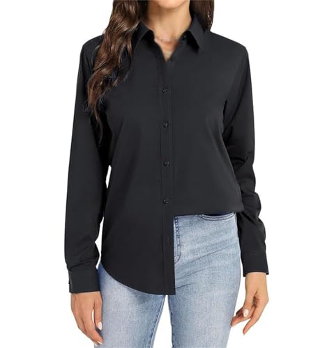 Camisas de vestir para mujer, ajustadas, con botones, de manga larga, elásticas, para negocios, casual, para el trabajo, la oficina, Negro, M Grande