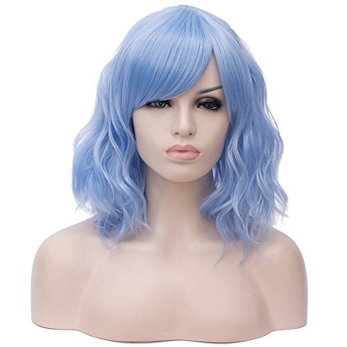 BERON 14’’ Blue Wig Women Short Blue Wig with Bangs Light Blue Wig for Women Girls Synthetic Halloween Cosplay Wig (Water Blue)