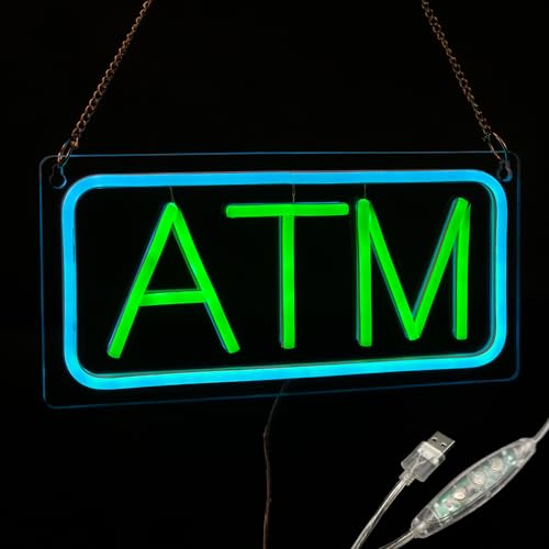 Image of ATM Neon Sign, Small Size, 12 inchx6 inch, USB Powered, 9 Levels of Brightness, Suitable for Bank Supermarket Convenience, Easy to Install on Store Wall Window as Room Decoration (Green, Transparent Acrylic)