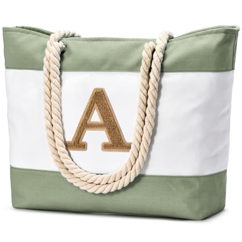 Becokan Bolsa de praia inicial de lona impermeável bolsa de praia com zíper essencial de viagem presentes de aniversário personalizados para mulheres, Verde claro