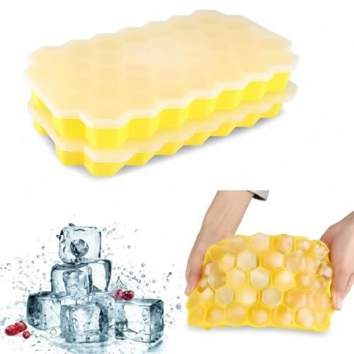 Image of AIG Silicone Ice Cube Trays with Lids - 2 Pack Easy-Release Hexagon Ice Maker for Freezer, Reusable Food-Grade Ice Molds for Cocktail Bar, Whiskey, Iced Coffee & Home Kitchen (Yellow)