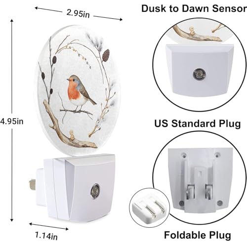Image of Cute Bird Plug-in Nightlight Robin Bird Nest on Tree Branch Farmhouse Night Lights Plug into Wall with Dusk to Dawn Sensor for Home Bedroom Bathroom, 0.5W Sleep Friendly