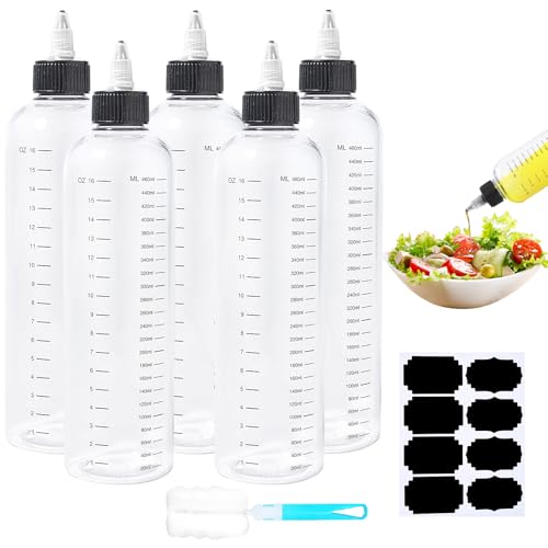 Amentalove 5 Piezas Biberones de Cocina 500ml, Squeeze Bottles, Botella de Salsa de Plástico, Transparentes Dispensador de Botellas de Condimentos para Salsa de Tomate Mostaza Mayonesa Ketchup