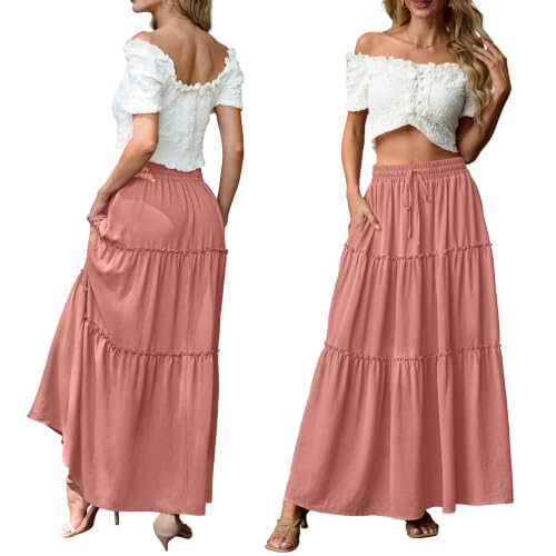 Image of Lepunuo Womens Casual Boho High Waisted Flowy Maxi Skirts Tiered Floral Long Skirts with Pockets for Summer Beach Vacation