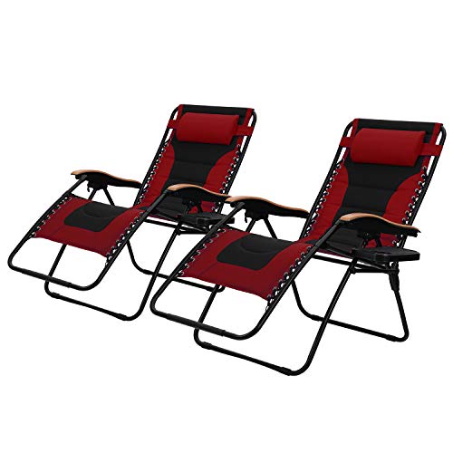 PHI VILLA Oversize XL Padded Zero Gravity Lounge Chairs Adjustable Recliner with Cup Holders Support 350lbs, 2 Pack (Red)