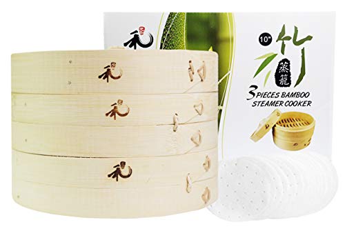 Yuho Asian Kitchen Bamboo Steamer 10–Inch Individually Box 2 Tiers Lid 10 Parchment Liners Perfect For Steaming Dumplings Vegetables Meat Fish Rice Healthy Lifestyle 100 Natural Bamboo