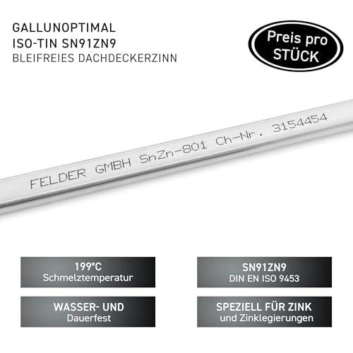GALLUNOPTIMAL by FELDER ISO‑Tin Sn91Zn9 Dachdeckerzinn GOSZDS91Z9+ST gepresste Stange ca. 8×10×400 mm (ca. 169 g) | 199 °C | DIN EN ISO 9453 | bleifrei