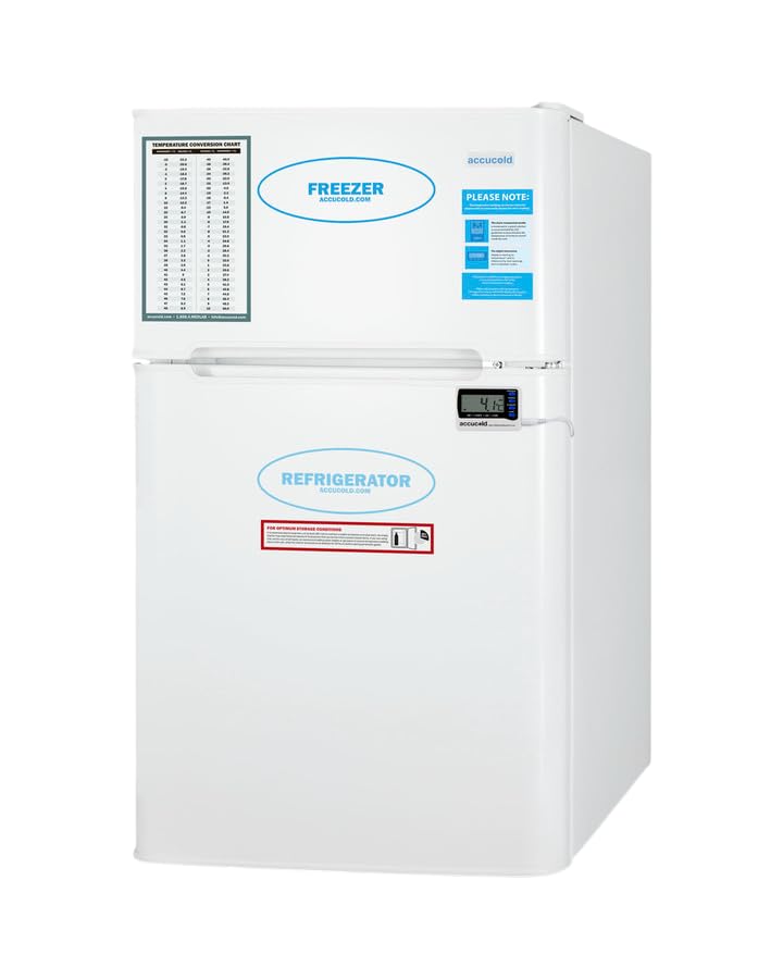 ACCUCOLD 19" Refrigerator - Freezer, Undercounter Fridge, 3.2 cu.ft. Capacity, External Temperature Readout, White - AGP34RFLHD (Left Handed Door Swing)
