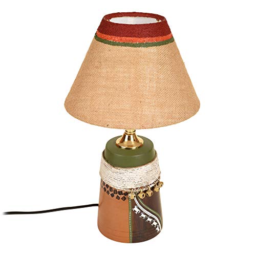 Image of AAKRITI ART CREATIONS Terracotta Table Lamp for Study Room, Bedroom & Living Room Decoration | Kalamkari Handwoven Tribal Pattern Bedside Lamp with Jute Woven Fabric Shade | Aesthetic Night Lamp