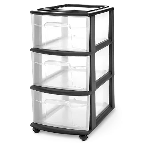 HOMZ Drawer Tower, 3-Tier Clear Plastic Storage Organizer Cart, Black Frame – Organizing Containers with Wheels for Home, Bathroom, Bedroom, Office, and Classroom