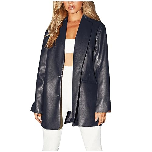 Blazer en simili cuir femme long noir décontracté taille haute chic veste mi-longue à revers