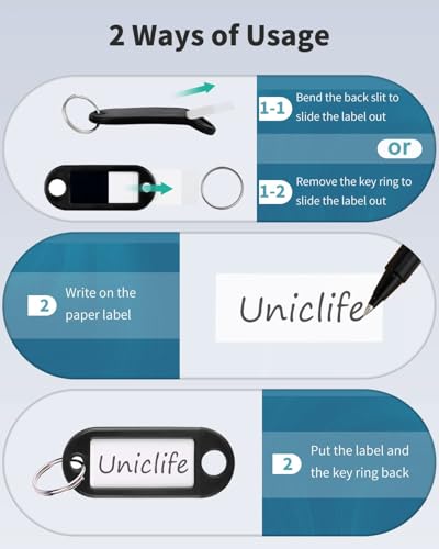 Uniclife 10 Stück Schlüsselanhänger 5 cm Weichplastik-Schlüsselanhänger mit Blanko-Papier-Etiketten Klare Fensterschutzfolien und Geteilte Ringe Flexible Artikelkennzeichnung, Schwarz