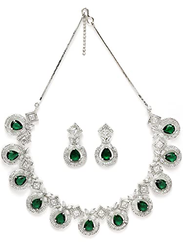 Image of Karatcart Silver Tone Green American Diamond Studded Necklace Set for Women