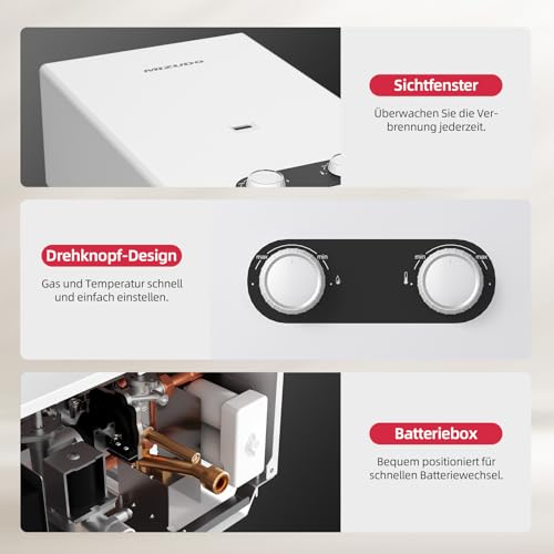 MIZUDO Warmwasserbereiter Butangas LPG, Energieeffizienzklasse A, Low NOx, Propan Heizungen 10L Atmosphärisch, Niedriger Emissionsbrenner, 32,8 x 21,35 x 55 cm