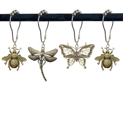 12Pcs Dragonfly Butterfly Bee Shower Curtain Hooks?Rust Proof Stainless Steel Shower Curtain Rings for Spring Garden Floral Insect Nature Theme Home Bathroom Decor