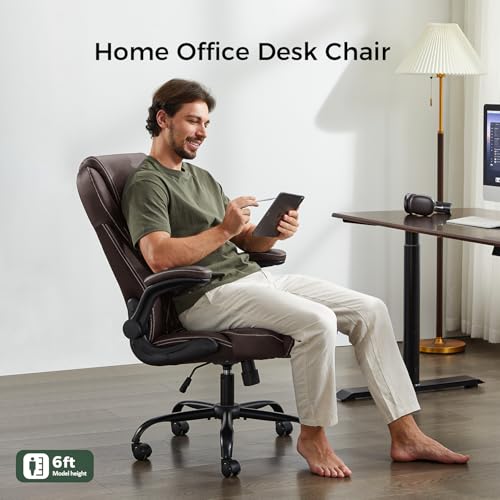 Image of amseatec Big and Tall Office Chair, Flip-Up, Executive Desk Chair, Brown | Ergonomic Leather High Back, Lumbar Support, 90 Lock, 115 Tilt, 20 Spring Packs, 300lbs Capacity, Wide Seat /Smooth Casters