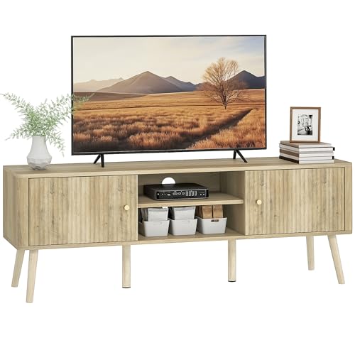HOMCOM Meuble TV 140 cm, Meuble télé pour téléviseur jusqu'à 65 Pouces avec 2 Portes, 2 Compartiments Ouverts, étagère réglable et Pieds en pin, Banc...
