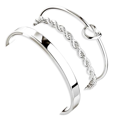 Sterling Silver Plated Bangle Bracelets Stack for Women, Silver Cuff Link Chain Bracelets Set, Trendy Waterproof Jewelry Gifts Adjustable