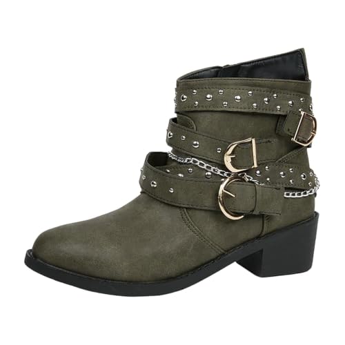 Image of DirraBra Women's Goth Leather Block Heel Ankle Boots Fashion Studded Ankle Strap Trim Punk Boots Winter Side Zipper Motorcycle Short Booties