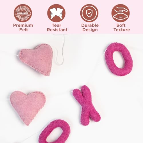 Image of Folkulture XOXO Valentine Felt Garland Banner for Home Decor | 72 inches Pink Heart Hanging Decoration for Bedroom Decor, Wall Decor, Party Decorations, Anniversary & Room Decor Aesthetic