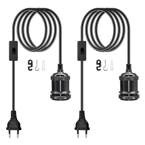 2 Piezas Cable de Grueso de Lampara Colgante con Enchufe, 500CM Kit de Lampara Colgante de Techo, Vintage Portalámparas E26 E27 Negro con Interruptor, DIY Cable de luz Colgante