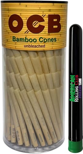 OCB Bamboo Cones | Mini Size | 70mm | Unbleached Cigarette Paper with Tips and Packing Sticks ~ Includes FOZZIE case (Mini cone 150 Pack)