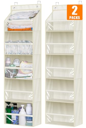 Image of AOODA 2 Pack Over the Door Organizer, Large Capacity Closet Door Hanging Organizer, Clear Deep Pockets Baby Storage for Nursery, Bathroom, Bedroom, Pantry, Diapers (Light Beige)