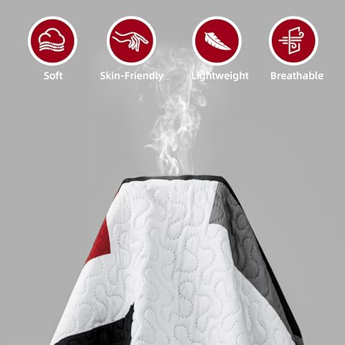 Image of Tyrot 3 Piece Red Black Grey Quilts King Size Red White Gray Bedding Set | Lightweight Bedspread, Geometric Coverlet with 2 Sham, Modern Abstract Soft Microfiber, Bed Cover for All Season, 106''x96''